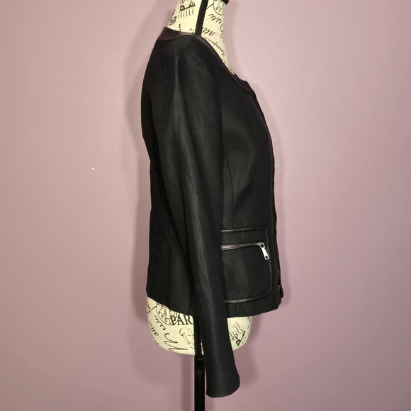 Lafayette 148 New York Black Linen Full Zip Jacket with Leather Accents 6P - Picture 8 of 12